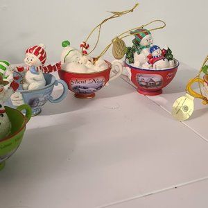 Snowmen tea cup ornaments
